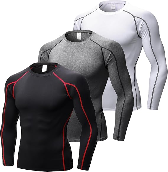 3 Pack Compression Shirts for Men Long Sleeve, Lightweight Athletic Base Layer Workout Running Gym Workout Tops