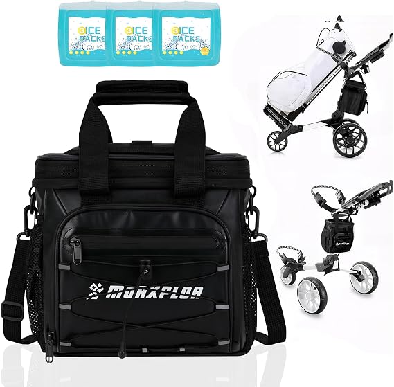 MORXPLOR Golf Cart Cooler with Magnetic Lid,12-Can Insulated Soft Cooler Bag with 3 Ice Packs,and Multi-Pockets for Accessories,Fits on Golf Push Cart with Adjustable Shoulder Strap