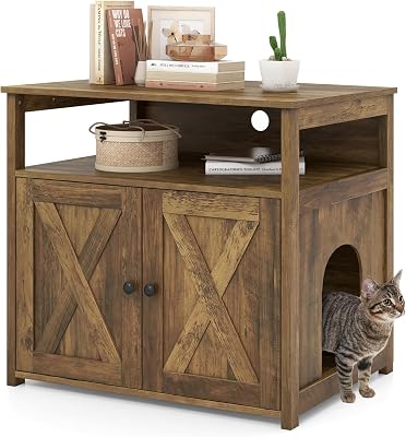 PETSITE Cat Litter Box Enclosure, Farmhouse Litterbox Enclosure Furniture with Double Doors and Open Shelf, Wooden Cat Hidden Litter Box Buffet Cabinet, Retro Style Litter Box Cabinet