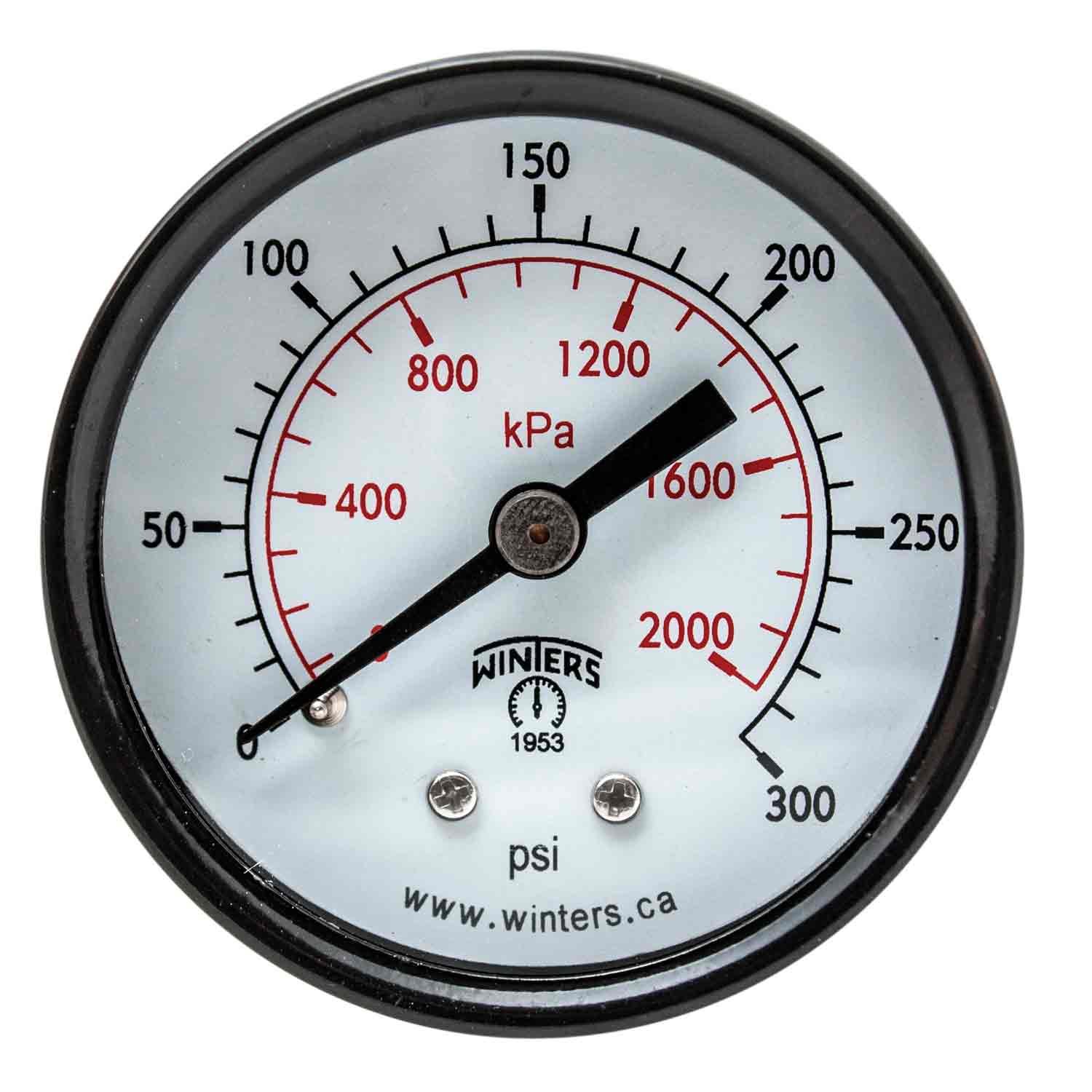 Winters 2 inch Dial Size, Multi Purpose Economy Utility Dry Pressure Gauge, Brass Internals, Steel Case, Dual Scale 0-160 psikPa, 3-2-3% Acc, 18 inch NPT Back Mount, Multi Function Pressure Gauge