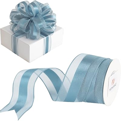 HUIHUANG Dusty Blue Sheer Wired Ribbon with Satin Stripe 1-12 Blue Wired Ribbon for Bows Making, Wreaths, Gift Wrapping, Bridal Shower Wedding Decor, Thanksgiving Decor-Continous 10 Yards
