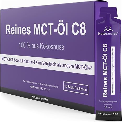 MCT C8 Öl Sachets Einzelportionen für Reisen 99%+ Reinheit 15 x 15ml