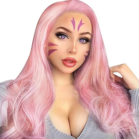 Pink Lace Front Wigs for Women Long Wavy Synthetic Hair Wig Soft Lace Wig with Natural Hairline Glueless Heat Resistant Fiber Hair for Women 24 Inch Cosplay Wigs (Pastel Pink)
