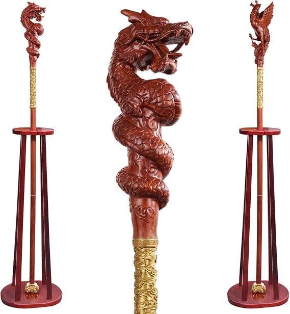 Hand-Carved Dragon and Phoenix Cane with Stand,Can be Used as Office, Home Decoration, or Film and Television Shooting Props, High-end Gift (Dragon Cane)
