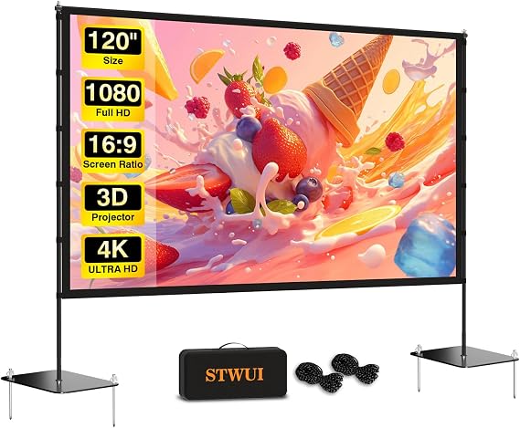 STWUI Outdoor-Projector-Screen-with-Stand - 120 inch Portable Projector Screen Indoor Outdoor Projector Screens 16:9 4K HD Lightweight Movie Screen with Carry Bag for Backyard Movie Night
