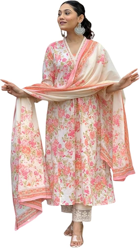 Cotton Anarkali Indian Kurti For Women Summer Dress Kurta Pant With Dupatta Set