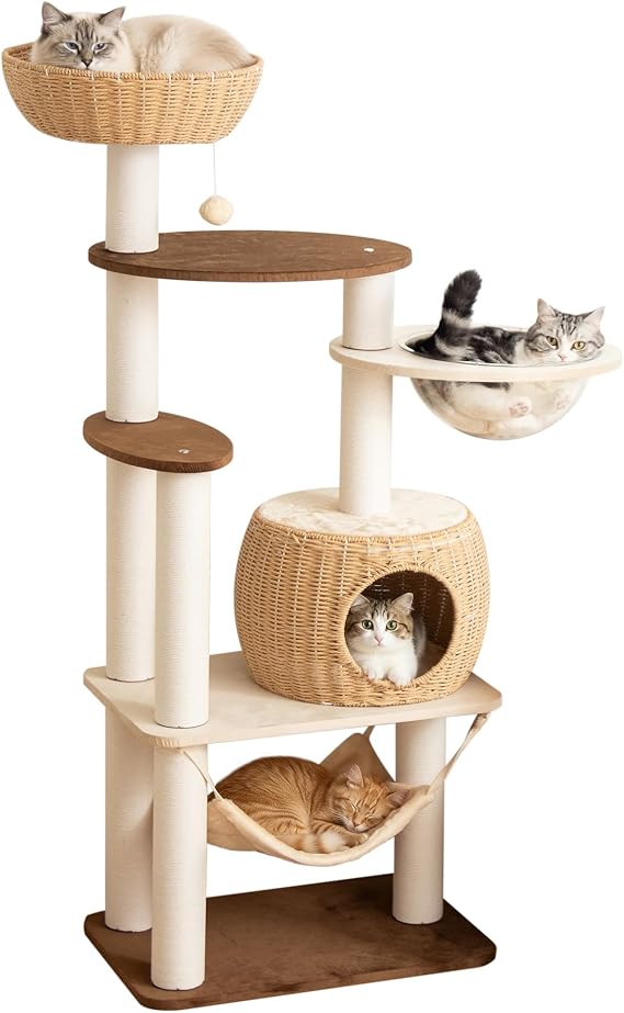 56.6" Cat Tree Tower for Large Cats, Acrylic Bowl & Hammock