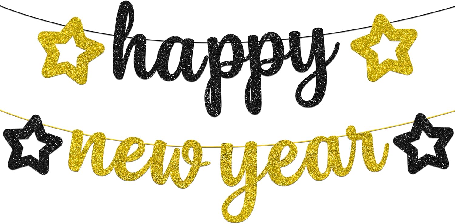 Black Gold Glittery Happy New Year Banner Paper Star Bunting Hanging Garland for New Year Theme Party Decoration