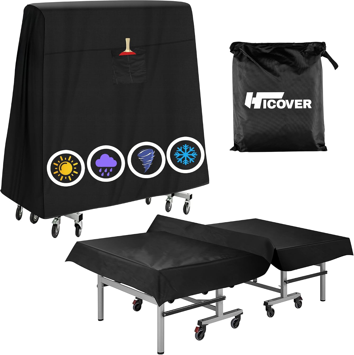 HICOVER Ping Pong Table Cover, Universal 9x5 FT, Waterproof, Sunproof, Fits Folding & Flat Tables, Black, 600D Oxford Fabric