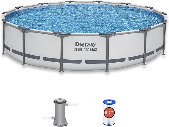 Bestway Steel Pro MAX 14' x 33" Round Above Ground Pool Set with Pump | Metal Frame Pool, Corrosion-Resistant Steel, Puncture-Resistant Liner, Filter Pump, No-Tool Setup, Quick-Click Connectors