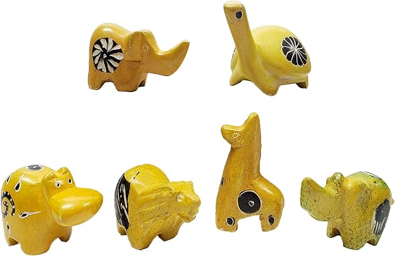 Jungle Safari Assorted 2-inch Wild Animals Soapstone Hand-Made Vary in Color and Animals (Yellow, 6 Pack)