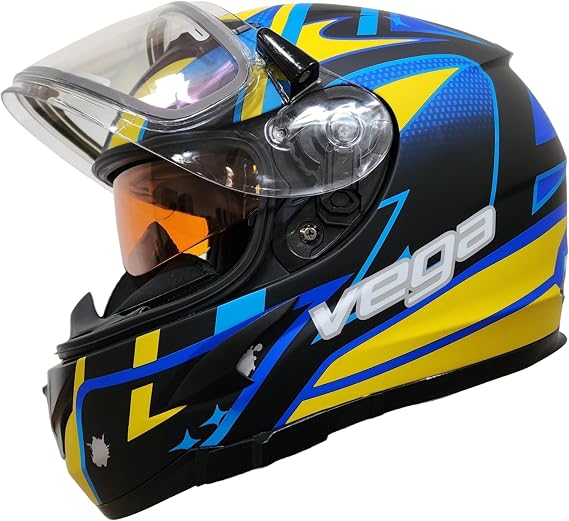 Vega V-Star Snowmobile Helmet with Electric Heated Shield & Amber dropdown shield, Blue Evoluition, Medium