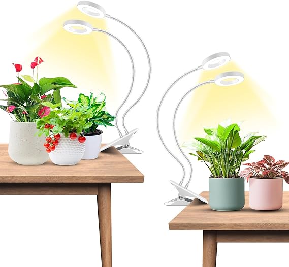 Wiaxulay Plant Grow Light, Full Spectrum Clip Growing Lamp 2 Heads 2 Pack | 3.5in LED Growing Lamp with 360° Gooseneck, 6/12/16 Hrs Timer, 3 Lighting Modes, 5 Brightness Levels for Seedlings Succulents [Energy Class F]