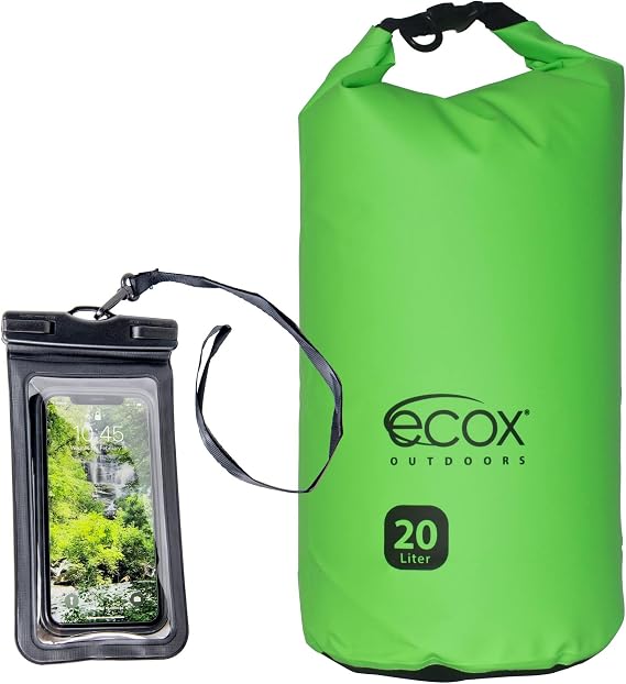 ecox Outdoors Waterproof Dry Bag for Outdoors Activities High Grade 500D PVC Construction Includes Waterproof Phone Case and Side Strap for Easy Carry 20L Green DB20LG