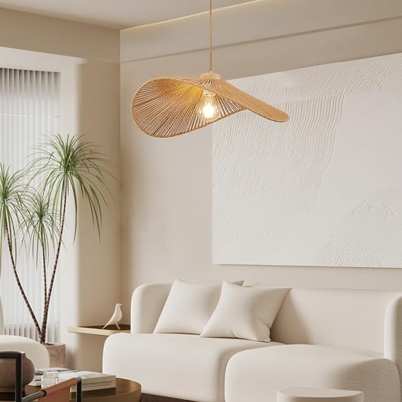 Boho Rattan Pendant Light Fixture Modern Style Hanging Light Bohia Natural Bamboo Handmade1-Light Hanging Lamp for Farmhouse Bedroom Living Room Dining Room