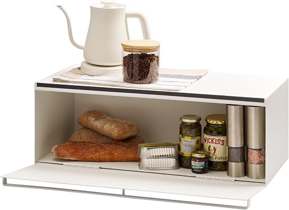 YAMAZAKI Home Tower Wide Bread Box Keeper Holder Container, Metal Bread Holder Saver, Large Counter Storage - Steel