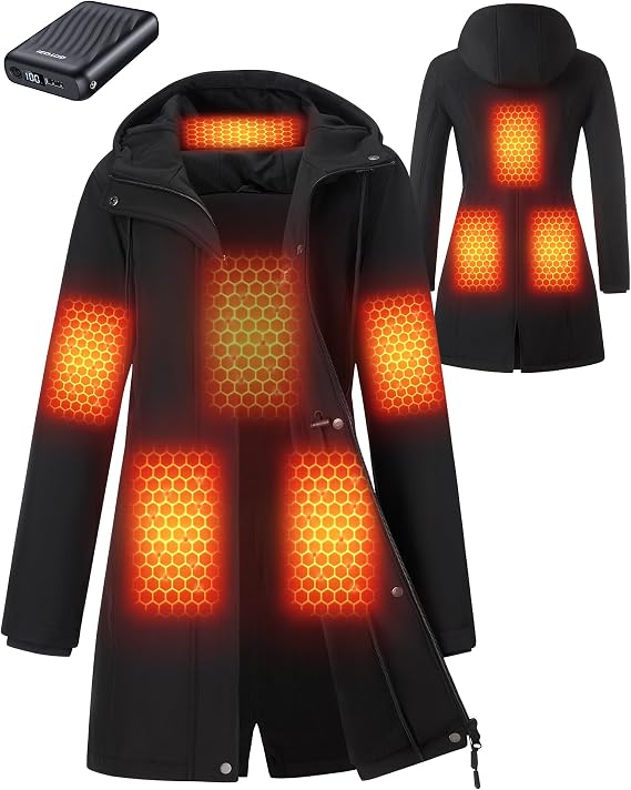 Graphene Heated Jackets for Women with 12V 18400mAh Battery Pack, Hood Fleece Lined Windproof Waterproof Coat