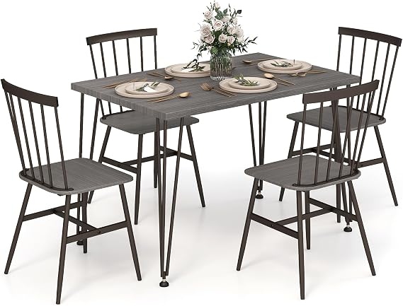 COSTWAY Dining Table and Chairs Set 4, 5 Piece Rectangular Kitchen Table and 4 Chairs with Curved Slatted Back & Swivel Foot Pads, Metal Frame Dining Room Furniture Set for Home Restaurant (Grey Oak)