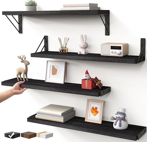 BAYKA Wall Mounted Floating Shelves, Wood, Black, Set of 4, 23in