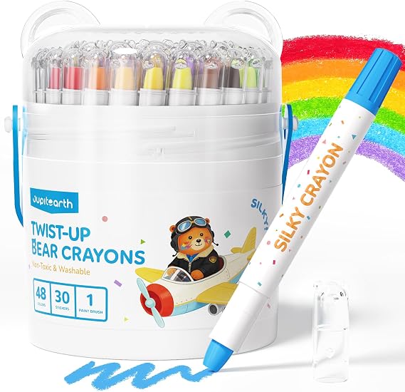 JUPITEARTH Twist Crayons for Toddlers, Silky Crayons, Washable, 48 Colors | Toddler Crayons, Non-Toxic Crayons for Kids Ages 4-8, Smooth & Easy-Grip Art Supplies, Ideal Coloring Gift For Boys & Girls