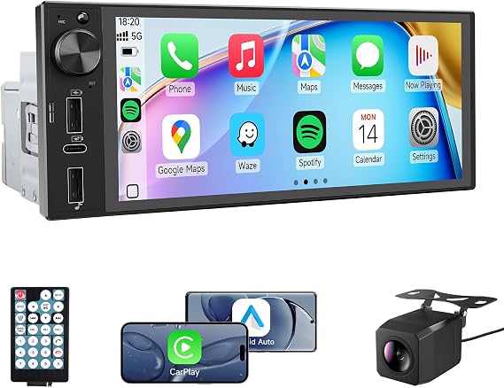 シングルディンカーステレオ、CarPlay&Androidオート付き6インチタッチスクリーンラジオ。