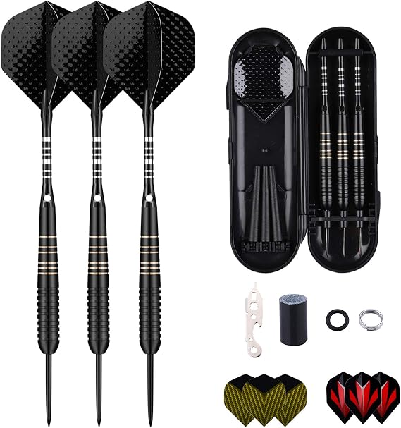 Professional Steel Tip Darts Set – 3 Pack (22g, 23g, 24g, 26g, 27g,) with Brass Barrels, Darts Stems, Flights, 50 Rubber O-Rings, 12 Spring Rings & Dart Sharpener for Dartboard