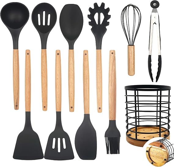 Daily Treasures 12 Pieces Silicone Kitchen Utensils Set Wooden Handle Cooking Utensils Set with Farm Utensil Holder Heat Resistant Non-Stick Kitchen Utensils Set Black Kitchen Accessory Set Spatula