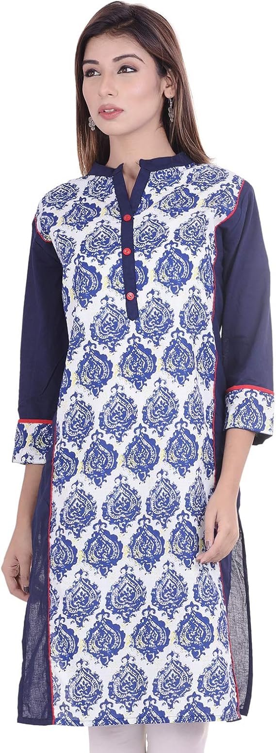 Chichi Indian Women's Printed Cotton Kurti Blue For Casual/Daily/Party Wear