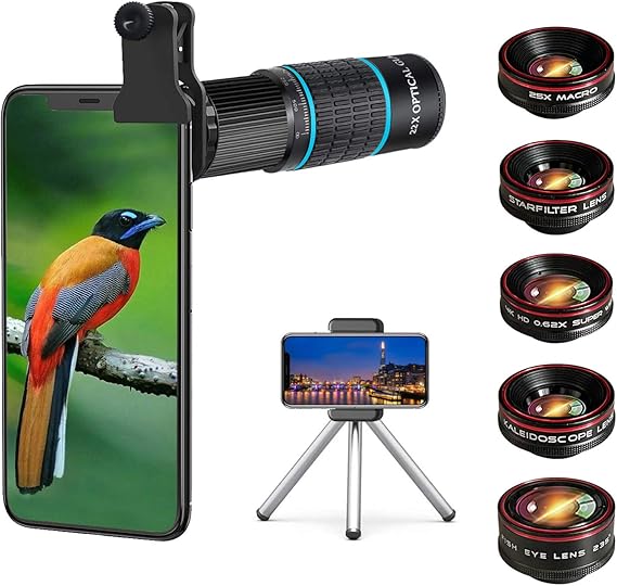 Phone Camera Lens Kit 10 in 1 for iPhone Samsung Pixel Android, 22X Telephoto Lens, 0.62X Super Wide Angle Lens&25X Macro Lens, 235 Fisheye,Kaleidoscopes, Starlight,Tripod,for Most Smartphone Black