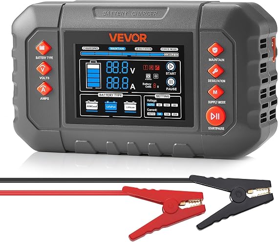 VEVOR Smart Battery Charger, 25A, 6V 12V 24V Ternary Lithium LiFePO4 Lead-Acid (Gel/AGM) Battery Charger, with 3.4-Inch LCD Display, Trickle Charging Maintainer Desulfator, for Car, Boat, Motorcycle