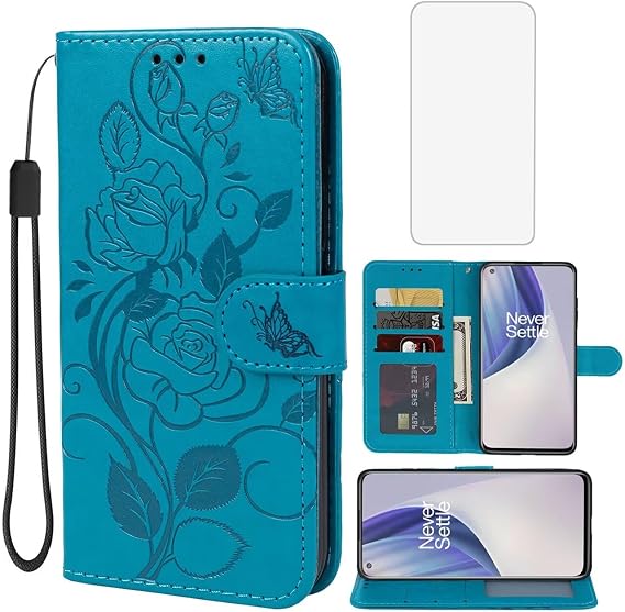 Case for OnePlus Nord N20 5G Case, OnePlus N20 GN2200 Wallet Case with Tempered Glass Screen Protector, Flower Leather Flip Credit Card Holder Stand Phone Cover for OnePlus Nord N20 5G Blue