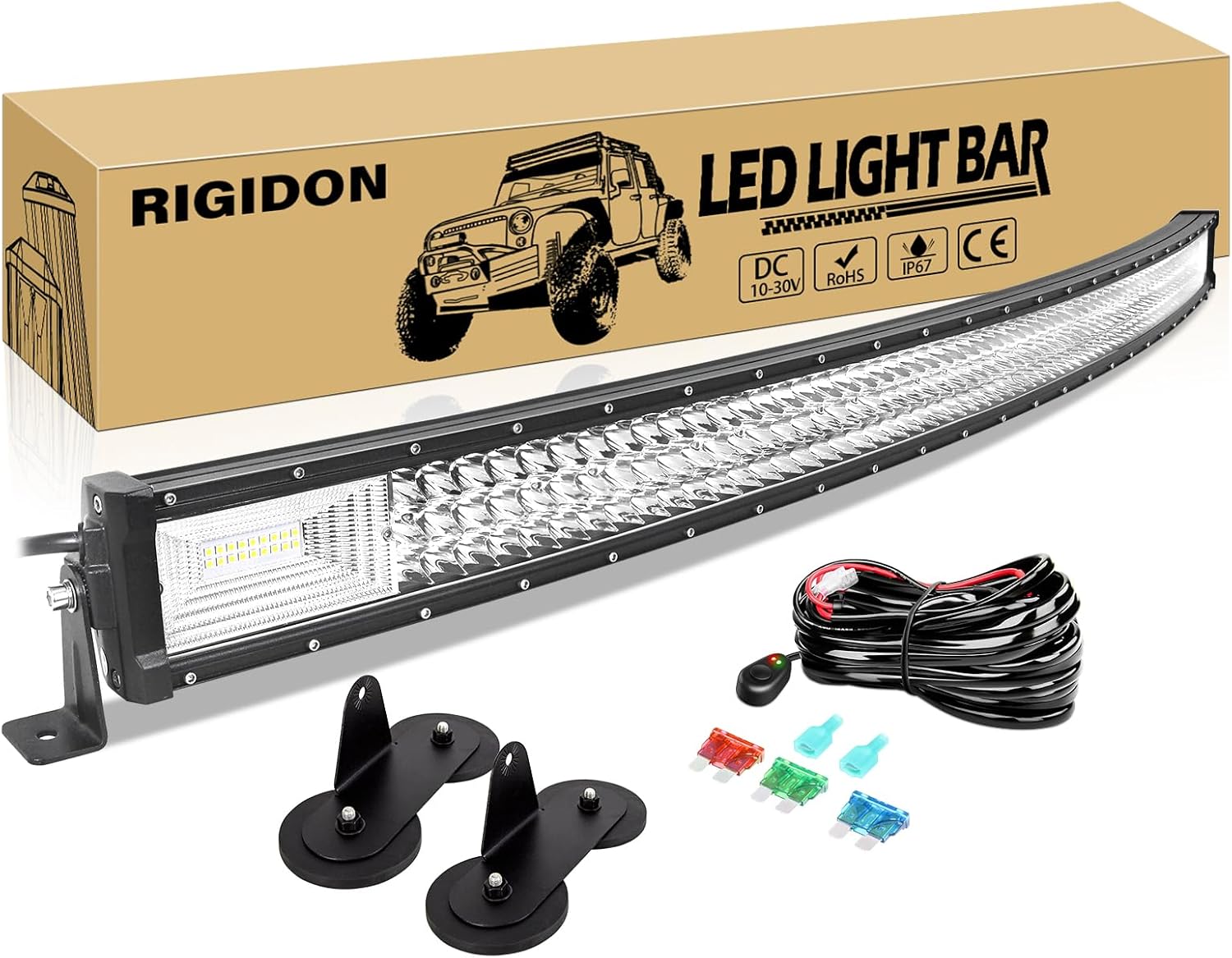 RIGIDON 52 Inch 675W Curved Light Bar with Magnetic Mount Brackets, Triple Row Flood Spot Combo 67500LM LED Light Bar Waterproof Driving Boat Road LED Work Light with Wire Harness for ATV UTV Truck