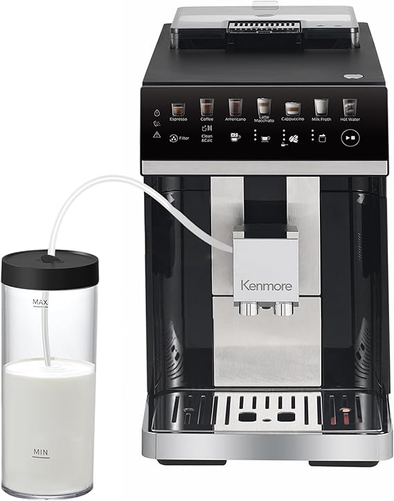 Kenmore Fully Automatic Coffee Maker - With Grinder, Milk Frother & Steamer, Auto Tamper, Descaler Expresso Machine, cafeteras electricas modernas machines For Home/Office Black