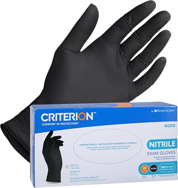 Henry Schein Criterion N300 Nitrile Exam Gloves, Black 300/Box, Latex-Free, Disposable, Textured Fingertips, Beaded Cuff
