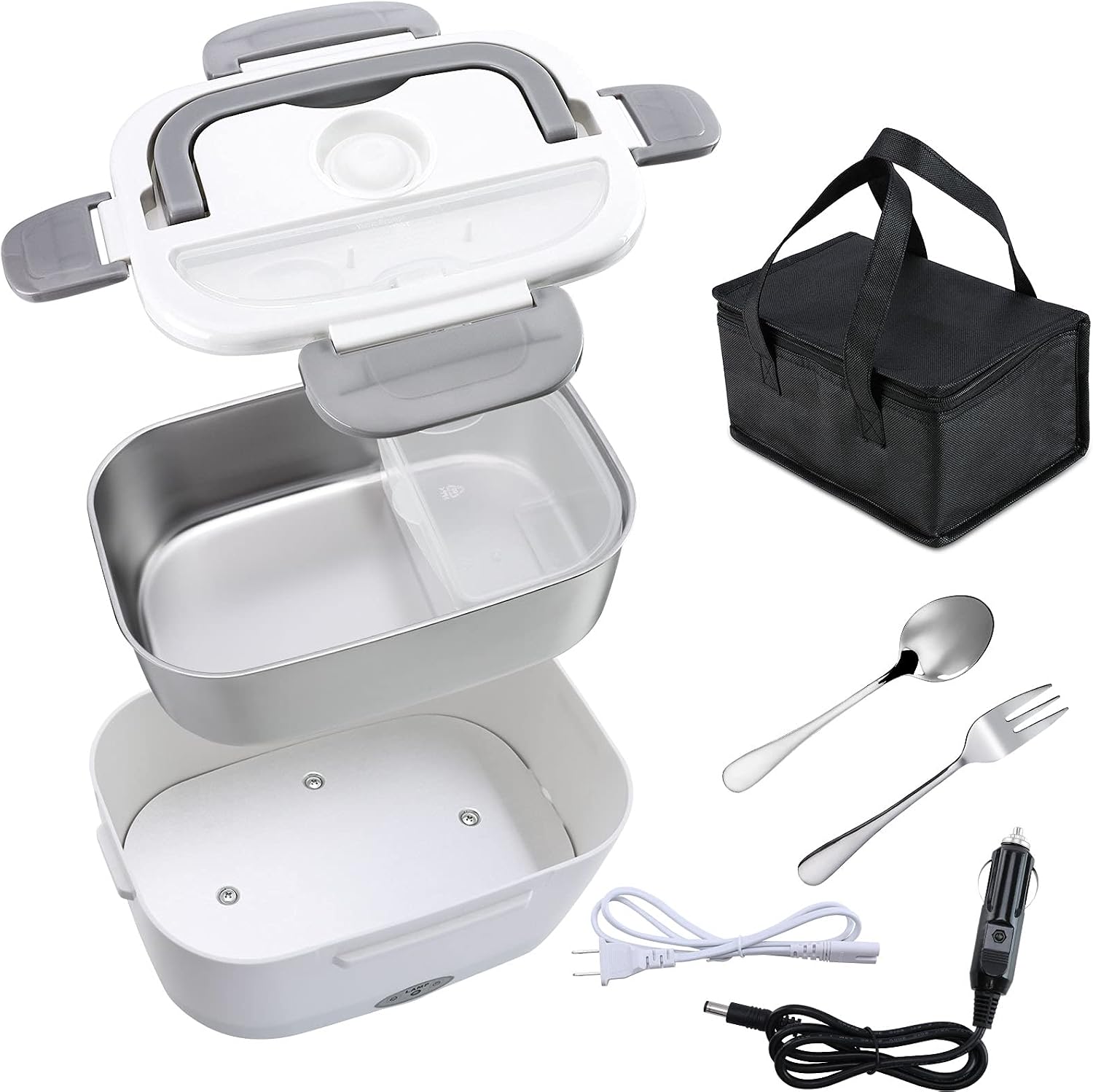 Nico Electric Lunch Box , Portable 2 In 1 Lunch Boxes Food Heater for Car Truck Office, Removable 304 Stainless Steel Food Warmer Container,SS fork & spoon and Carry Bag Dark Gray