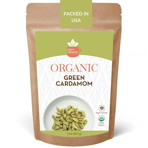 SPICY ORGANIC Green Cardamom Pods 2 lb - Whole Cardamon Seeds for Authentic Spice Flavor, Natural Cardamon Pod for Tea, Cooking, and Baking- USDA Certified Organic, Gluten-Free, Non-GMO and Kosher