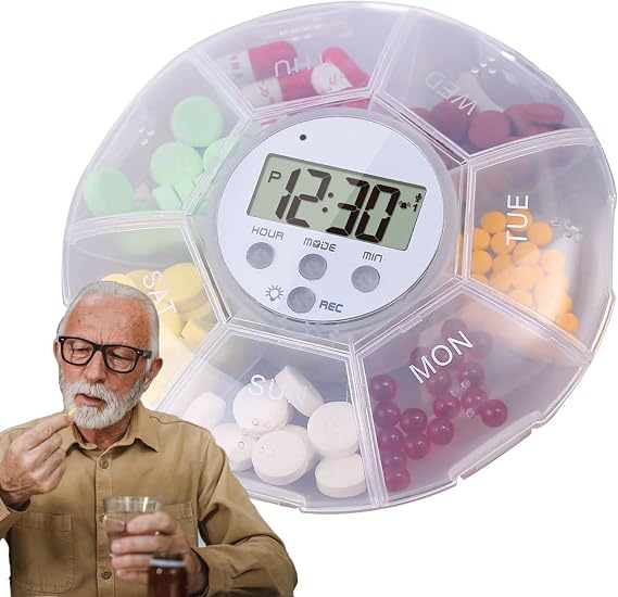 Smart Pill Dispenser - Travel Organizer, LED Light, Timer Reminder | 7 Compartment Medicine Storage Box, Portable Supplement Container with Voice Recording, Compact Health Care Organizer for Daily Use