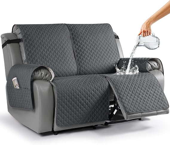 TAOCOCO Waterproof Recliner Loveseat Cover Non-Slip Sofa Slipcover, Pet Couch Cover for Loveseat Recliner with Straps, Washable Reclining Loveseat Cover Furniture Protector (2 Seater, Charcoal Gray)