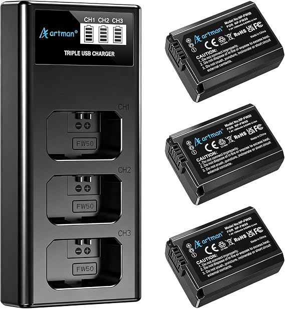 Artman NP-FW50 Battery 3-Pack and Upgraded 3-Slot ZV-E10 Battery LCD Charger for Sony ZV E10, Alpha A6500 A6400 A6300 A6000 A5100 A5000, A7S II, A7S, A7R II, A7R, A7 II, A7, RX10 II III IV Cameras