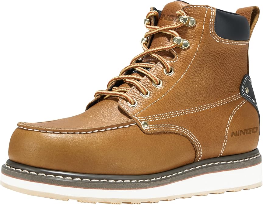 NINGO Steel/Soft Toe Work Boots for Men, Slip Resistant Moc Toe Work Shoes