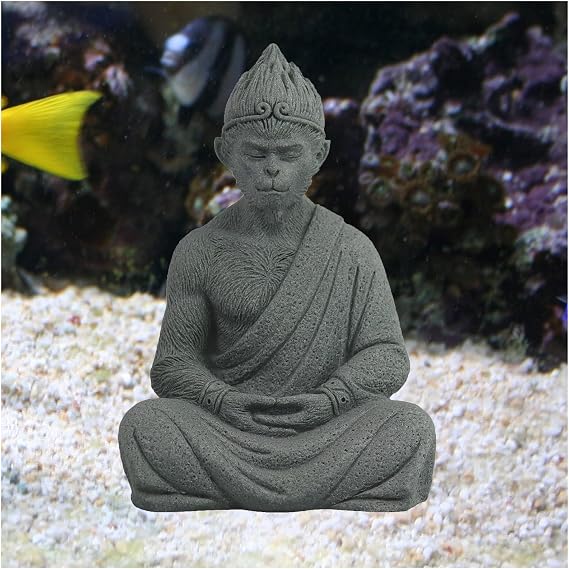 Aquarium Monkey King Statue Fish Tank Buddha Statue Sandstone Sun Wukong Ornaments Meditating Sitting Buddha Decoration for Aquarium Betta Fish Landscape,L