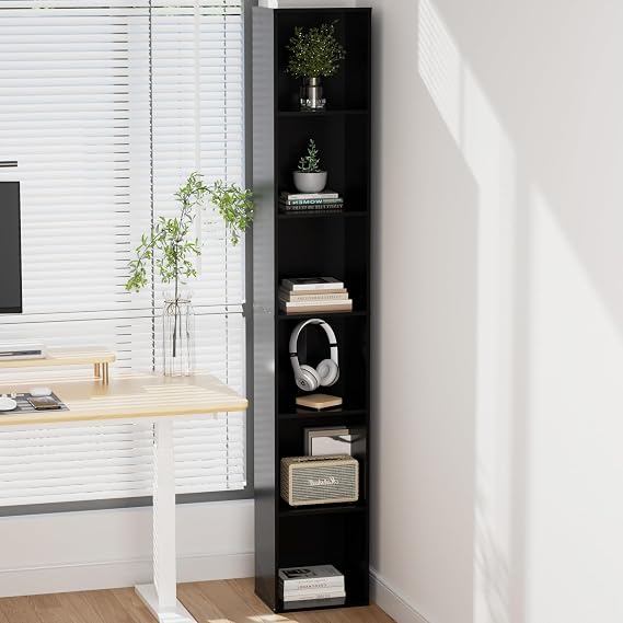 6-Tier Tall Narrow Bookshelf, 70.5" Skinny Thin Bookcase, Black