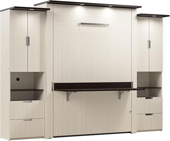 Bestar Queen Murphy Bed with Storage Cabinet, White Chocolate, Lumina, 114W
