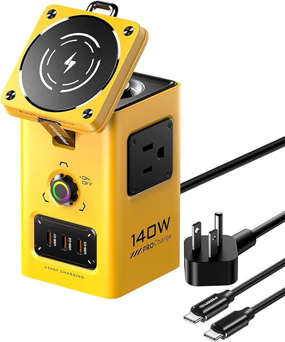 PISEN 8-in-1 Mag-Safe Charger Stand - 140W Charging Station for Multiple Devices Mag-Safe Stand Magnetic Qi2 Wireless Charger for iPhone 17/16/15/14/13/12, Magnetic Charger for Apple Watch (Yellow)