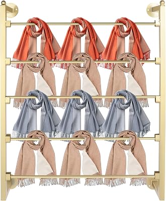 5-Tier Gold Scarf Display Rack Stand, Wall-Mounted Scarf Holder Storage Organizer, Scarfs Belts Towels Shelf for Home Retail Clothing Store