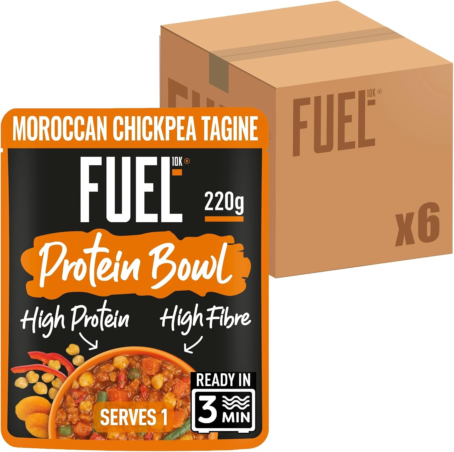 FUEL10K High Protein Moroccan Chickpea Tagine Microwave Ready Meal, 18g Protein & High Fibre, 220 g (Pack of 6)