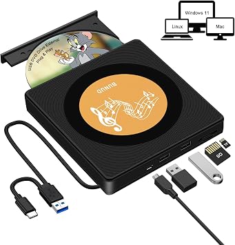 BUNUD External CD/DVD Drive for Laptop:USB 3.0 & Type C CD Burner with 2 USB/TF/SD Slots - Plug & Play Portable +/-RW ROM Reader Player SuperDrive for PC Mac Apple Windows (Gold)