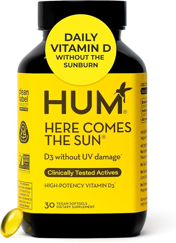 HUM Here  The Sun Vitamin D3 Immune Support & Bone Health, 30 Count | 2000 IU D3 from Lichen, Women & Men, Non-GMO, Gluten Free, 30 Capsules