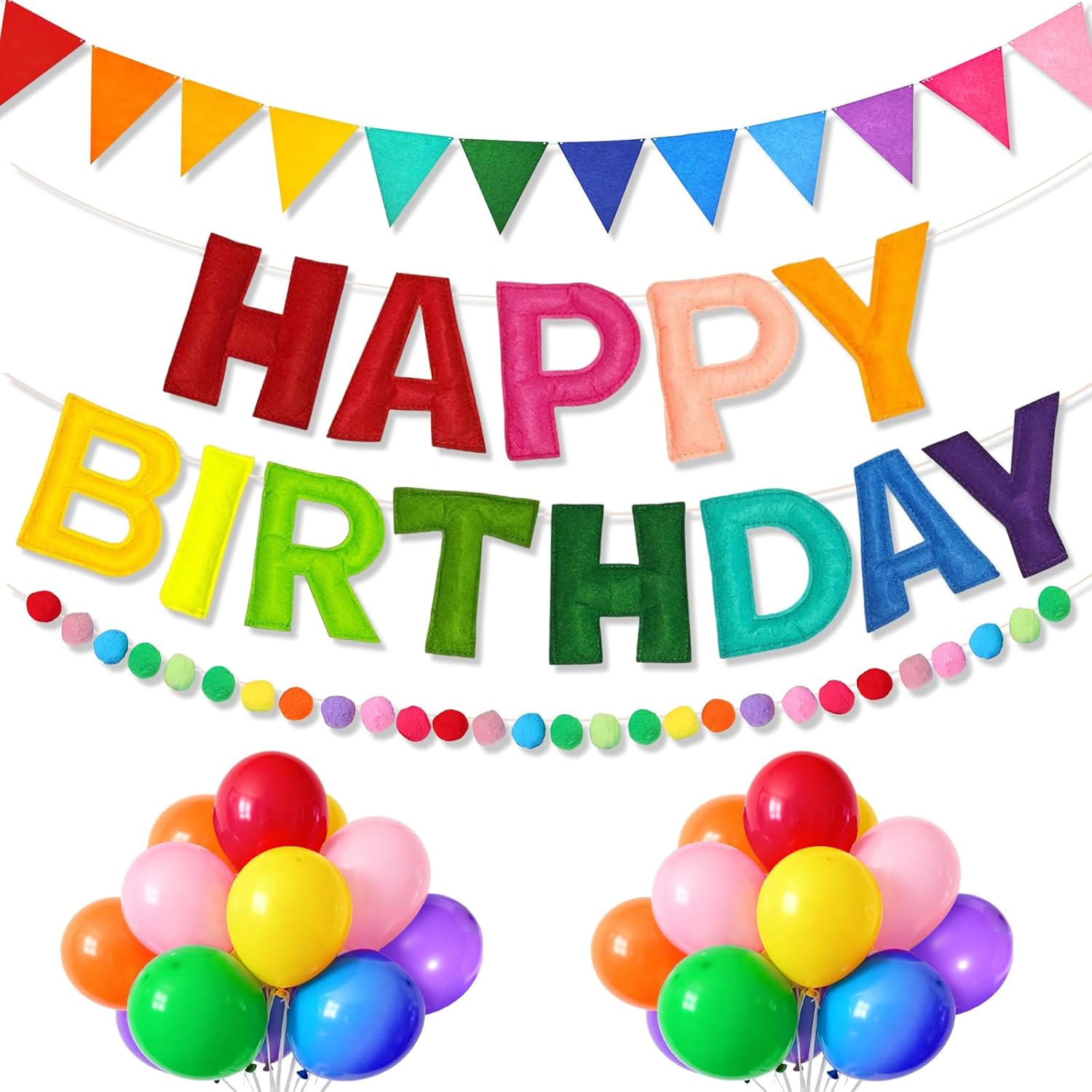 38Pcs Rainbow Birthday Decorations - Happy Birthday Banner, Helium Rainbow Balloons, Bunting Pennant and Felt Ball,Felt Garland, Personalised Party Decorations for Men Women Girls Boys