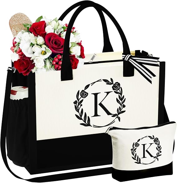 YOOLIFE Gifts for Women - Initial Canvas Tote Bag Makeup Bag, Birthday Gifts for Women Mom Wife Teacher Sister Friend